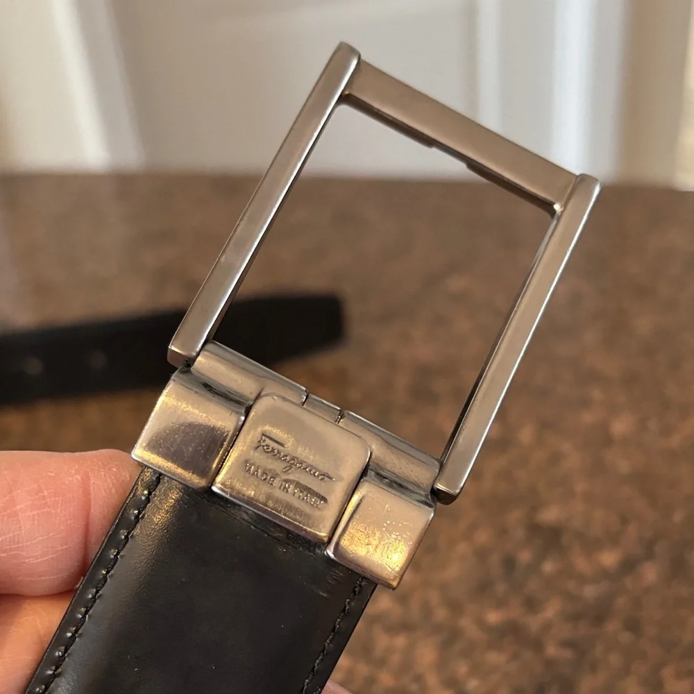 Salvatore Ferragamo Brown Black Leather Reversible Silver Buckle Belt